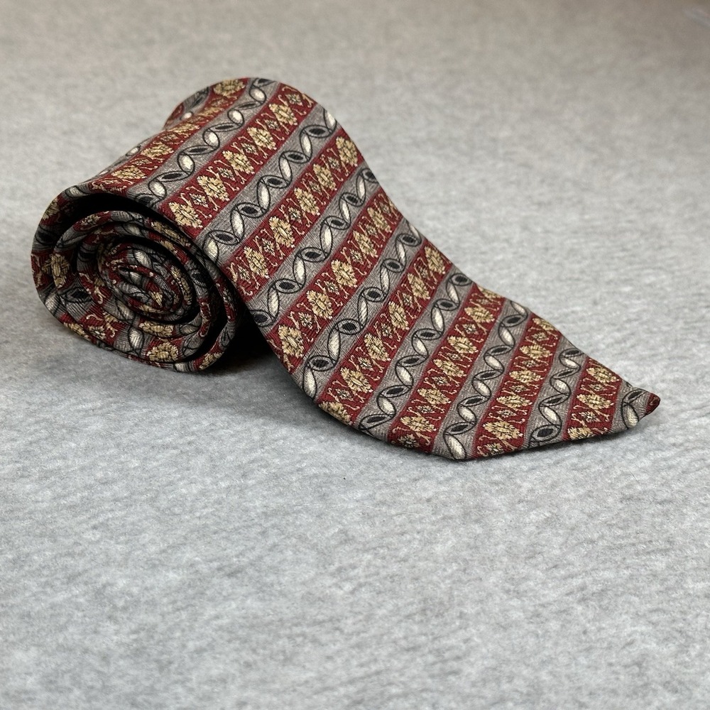 Christian Dior Cravate Mens Tie Silk Burgundy Geometric Striped Pattern 58x4in